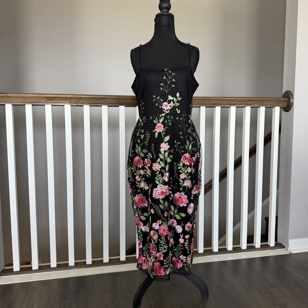 Lulus Blooming For Love Black‎ Floral Embroidered Midi Dress Large Cocktail Goth